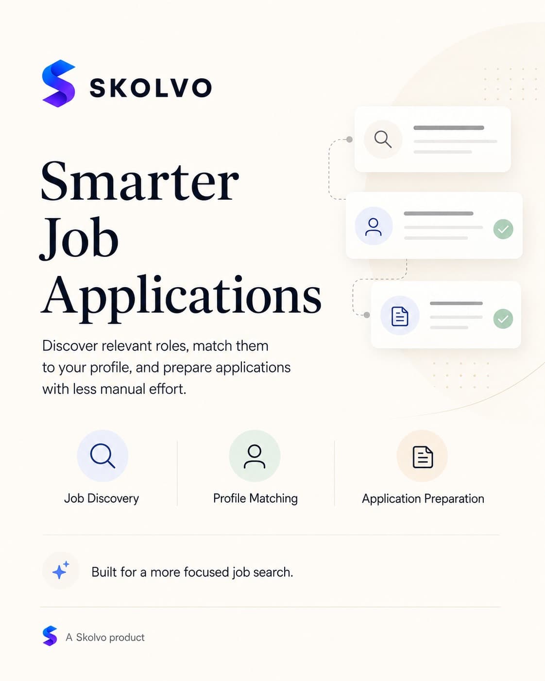 Skolvo Agent concept visual showing job discovery, profile matching, and application preparation